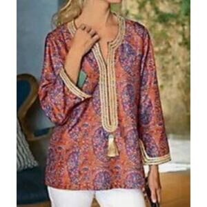 Soft Surroundings Tunic Top Womens XL Orange Purple Gold Trim Bohemian Elegant